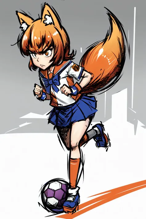 Highly detailed, High Quality, Masterpiece, beautiful, firefox-chan, bowtie, school uniform, sailor collar, blue pleated skirt, wrist cuffs, socks, orange shoes, tail, <lora:Char_Meme_MozillaFirefox:0.8>, Mario Striker Style, angry, <lora:Style_MarioStriker:0.9>, running, soccer, soccer ball,