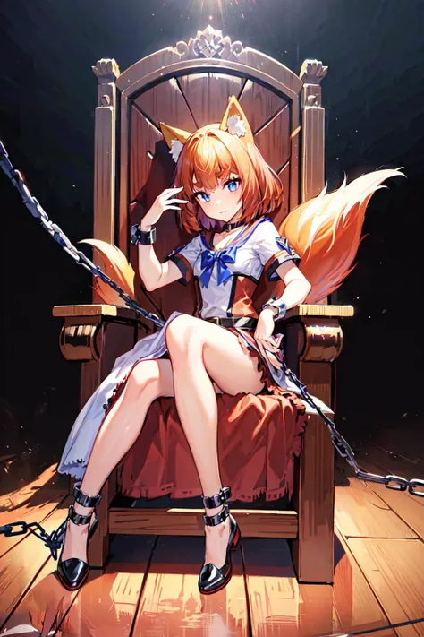 (masterpiece, highres, absurdres, high quality, detailed face),<lora:firefox-nvwls-v1:0.8>,firefox-chan,tail,1girl,ohoho,<lora:edgGothGB:1>,(Garterbelt),woman wearing a garterbelt,metal,iron chains,leather harness,ribbons,frills,sitting on a throne
