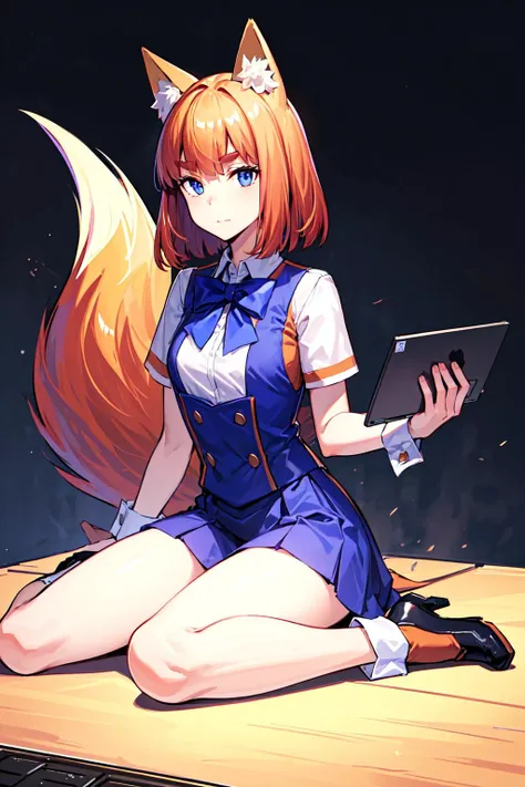 (masterpiece, highres, absurdres, high quality, detailed face),<lora:firefox-nvwls-v1:0.8>,firefox-chan,bowtie,wrist cuffs,tail,1girl,holding a laptop, sitting on a table, wariza