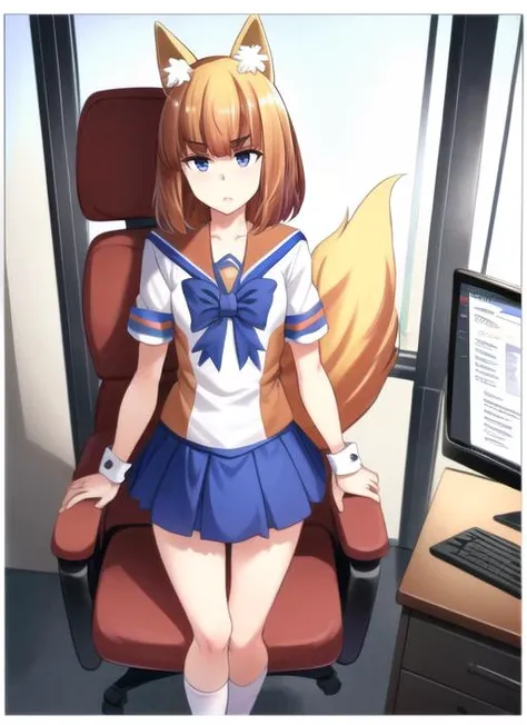 ((best quality)), ((highly detailed)), masterpiece, (detailed eyes, deep eyes), (1girl), upper body,<lora:firefoxchan:.95>, firefox-chan, orange hair, blue eyes, thick_eyebrows, fox tail, blue bowtie, school uniform, sailor collar, blue pleated skirt, wrist cuffs, socks, orange shoes, inside, in an office, desk, computer, keyboard, standing, office chair