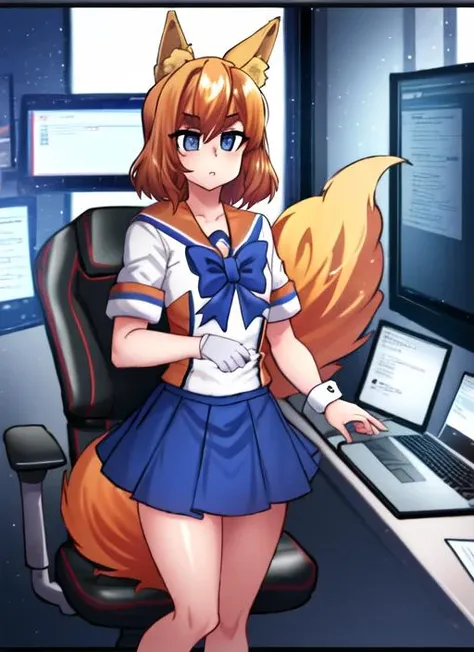 ((best quality)), ((highly detailed)), masterpiece, (detailed eyes, deep eyes), (1girl), cowboy shot, <lora:firefoxchan:.9>, firefox-chan, orange hair, blue eyes, thick_eyebrows, fox tail, blue bowtie, school uniform, sailor collar, blue pleated skirt, wrist cuffs, socks, orange shoes, inside, in an office, desk, computer, keyboard, standing, office chair, <lora:Osiimi:1.2>