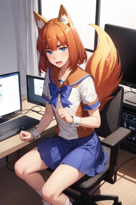 masterpiece, best quality, firefox-chan, bowtie, school uniform, sailor collar, blue pleated skirt, wrist cuffs, socks, orange shoes, frustrated, furrowed brow, looking at viewer, red face, open mouth, computer lab, clenched fists, arms spread <lora:firefox-nvwls-v1-000012:0.9>