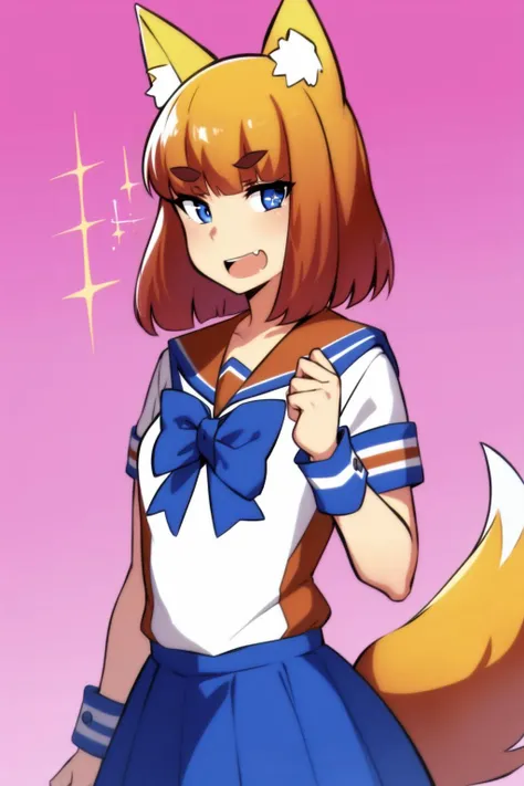 masterpiece, best quality, firefox-chan, bowtie, school uniform, sailor collar, blue pleated skirt, wrist cuffs, upper body, sparkles in eyes, infatuated, open mouth, shy, looking at viewer, pink background<lora:firefox-nvwls-v1-000012:0.8>