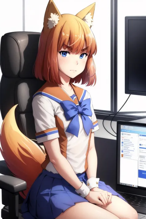 masterpiece, best quality, firefox-chan, bowtie, school uniform, sailor collar, pleated skirt, wrist cuffs, upper body, looking at viewer, computer lab, confused, unimpressed, sitting <lora:firefox-nvwls-v1-000012:0.9>