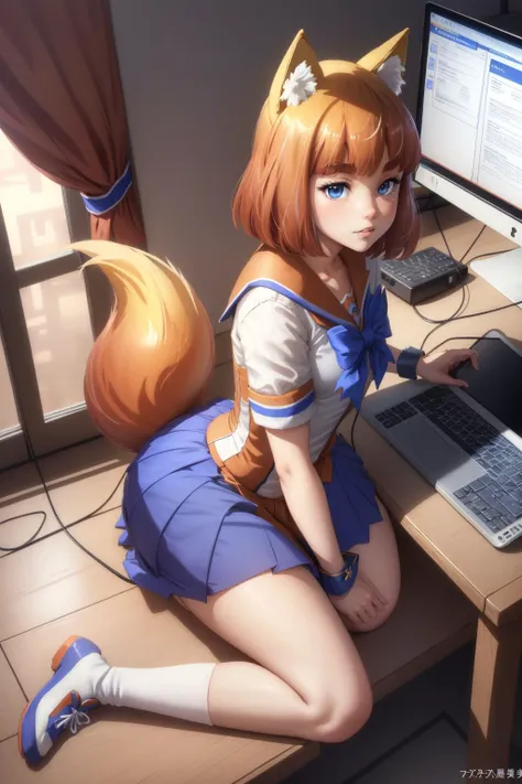 masterpiece, best quality, firefox-chan, bowtie, school uniform, sailor collar, blue pleated skirt, wrist cuffs, socks, orange shoes, from side, wariza, indoors, computer lab, looking up, from above <lora:firefox-nvwls-v1-000012:0.9>
