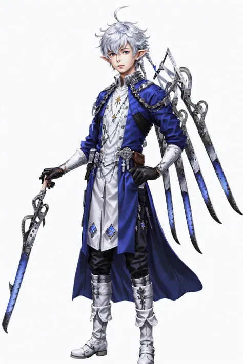 Alphinaud, long hair, looking at viewer, blue eyes, simple background, shirt, gloves, long sleeves, white background, ribbon, jewelry, standing, full body, white shirt, weapon, ahoge, boots, parted lips, belt, pants, white gloves, necklace, coat, hand on hip, black pants, white footwear, knee boots, blue ribbon, floating, single earring, pouch, belt pouch, blue coat, floating object, earclip, floating weapon, specular highlights, <lora:Alphinaud:0.8>