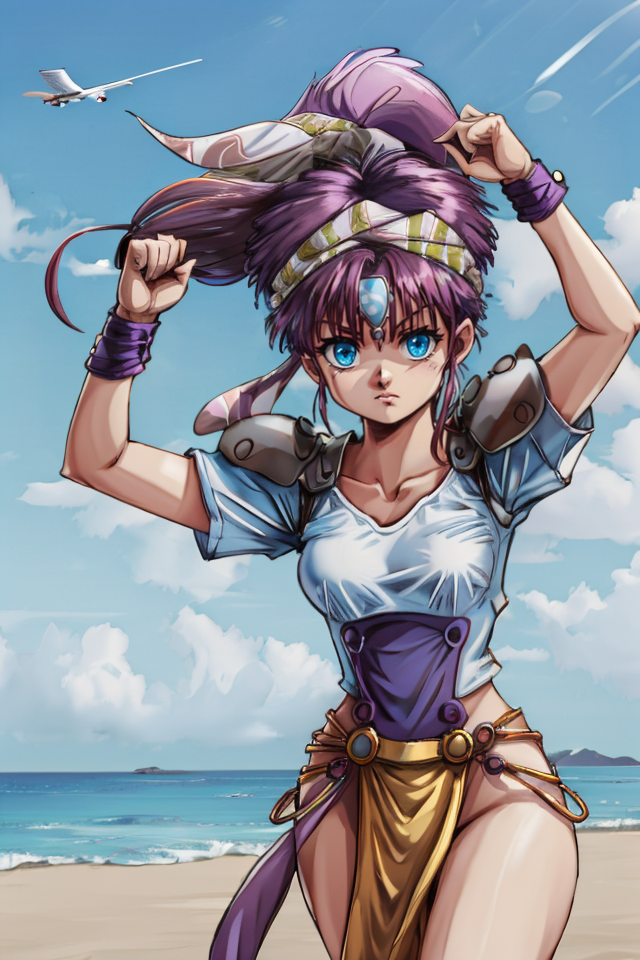 A woman in a bikini top and skirt standing on a beach - SeaArt AI