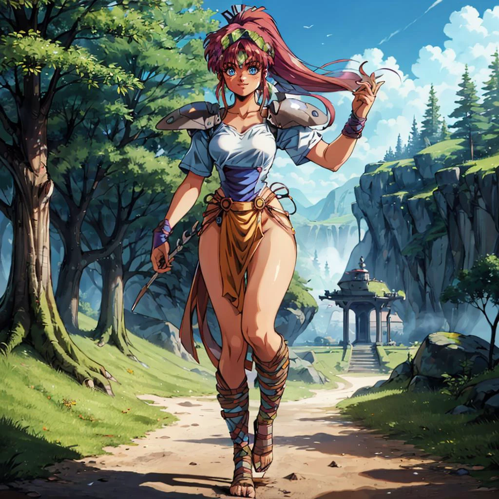 <lora:AlisiaDragoon:0.8>,looking at viewer,smile,
retro artstyle,1990s (style),
MDAlisiaDragoon,1girl,ponytail,
headband,armor,pauldrons,shoulder armor,
full body,fantasy,nature,forest,