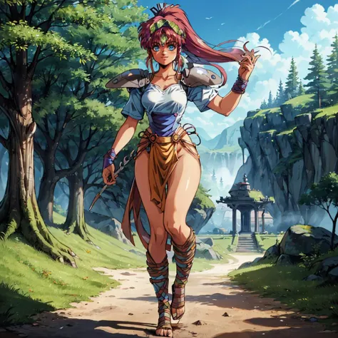 <lora:AlisiaDragoon:0.8>,looking at viewer,smile,
retro artstyle,1990s (style),
MDAlisiaDragoon,1girl,ponytail,
headband,armor,pauldrons,shoulder armor,
full body,fantasy,nature,forest,