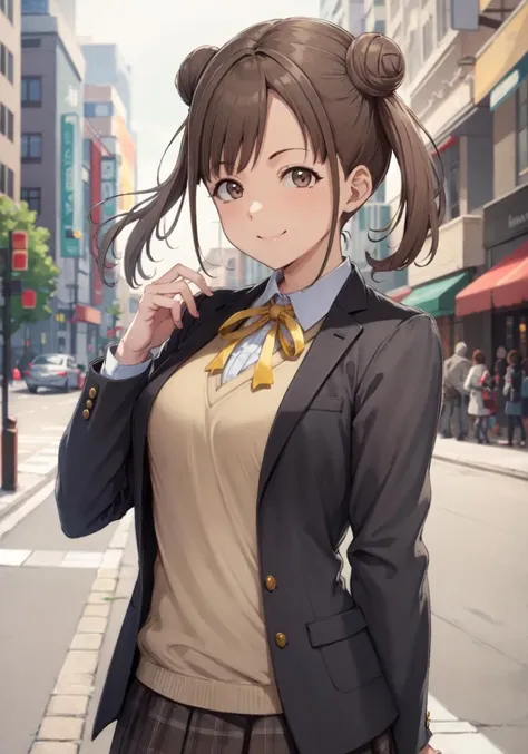8k,best quality, highres, looking at viewer, smile, park,
aachiyoko, double bun, twintails, neck ribbon, yellow ribbon, collared shirt, sweater vest, blazer, black jacket, open clothes, long sleeves, plaid skirt, brown skirt
<lora:sonoda_chiyoko_v1:0.7> <lora:alp-style-v13:1>