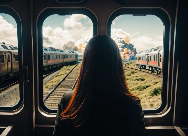 three cornered window, back of head shot of (woman looking out of triangle window:1.1), 3rd person, Looking out the triangular window of a (train:1.1) with triangular windows, triangular windows and triangular, wheels,  in a fantasy world, 
psychedelic, geometric, vivid light, high contrast, triadic colors, dark shadows,  explosions, nuclear mushroom cloud, nuclear explosion, dystopian nightmare, 
(beautiful composition),
21 yo woman,