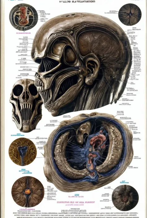 bodumedical, <lora:BoduMedical-06:1>, medical, diagram, alien, xenomorph, reproduction, parasites, callouts, notations, (extremely detailed), flesh, organs <lora:add_detail:1>