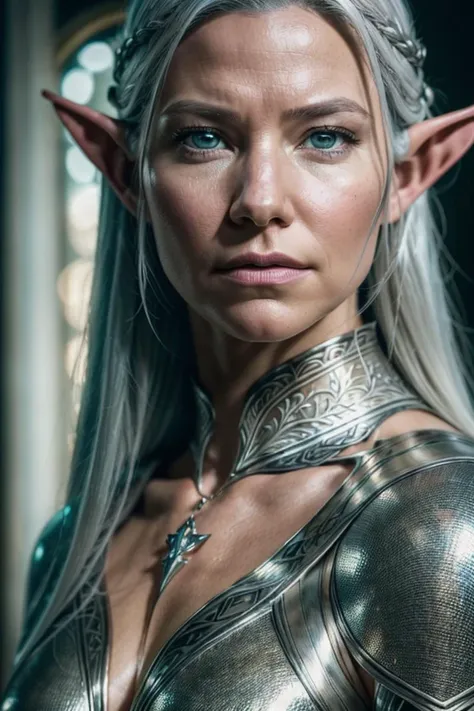 (detailed face, detailed eyes, clear skin, clear eyes), lotr, fantasy, elf, female, silver hair, looking at viewer, portrait, photography, detailed skin, realistic, photo-realistic, 8k, highly detailed, full length frame, High detail RAW color art, piercing, diffused soft lighting, shallow depth of field, sharp focus, hyperrealism, cinematic lighting, film grain, Evangeline Lilly