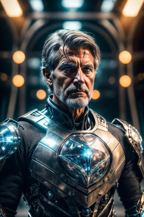photography, detailed skin, realistic, photo-realistic, 8k, highly detailed, full length frame, High detail RAW color art, piercing, diffused soft lighting, shallow depth of field, sharp focus, hyperrealism, cinematic lighting, film grain, <lora:more_details:0.75>,
(1man, wrinkled face, old spanish male:1.2), wise, blue eyes, gray hair, comb over,
portrait, solo, upper body, looking at viewer, detailed background, detailed face, (<lora:1970RetroFuturism:0.6>, 1970retrofuturism, 1970s theme:1.1), intense expression, dynamic pose, glass-cyborg, (made of glass:1.1), translucent, glass construct, titan, crystal armor, mosaic, power source, magical symbols, surging power, magical sparks, reflections, intense heat, battlefield in background, cinematic atmosphere,