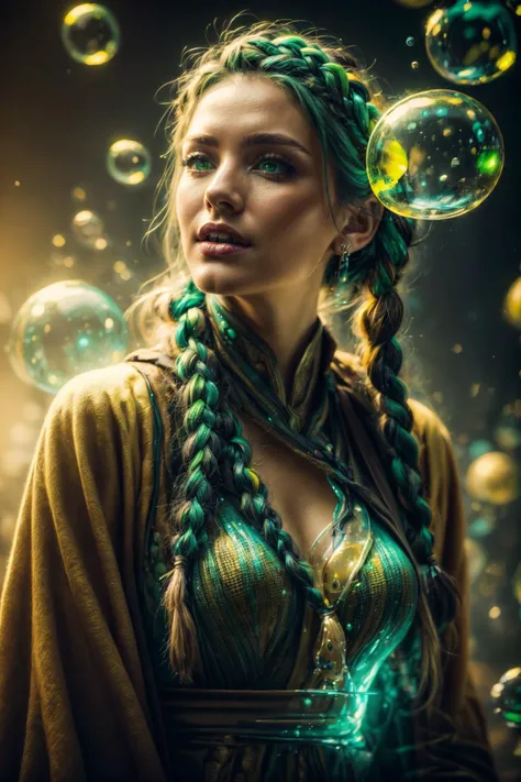 photography, detailed skin, realistic, photo-realistic, 8k, highly detailed, full length frame, High detail RAW color art, piercing, diffused soft lighting, shallow depth of field, sharp focus, hyperrealism, cinematic lighting, film grain, <lora:more_details:0.75>,
1 girl, adult (elven:0.7) woman,  green eyes, yellow fishtail braid,
Style-GravityMagic, portrait, solo, upper body, looking up, detailed background, detailed face, (<lora:ToxicPunkAI:0.6>, ToxicPunkAI theme:1.1), bubble-wizard, joyful, casting spell, colorful sorcerer robes, surrounded by   bubbles,   large bubbles,   floating sparkling particles, foam, transclucent,  swirling bubbles, harmonious, ethereal aura, bubbles in background,   mist,  ethereal atmosphere,