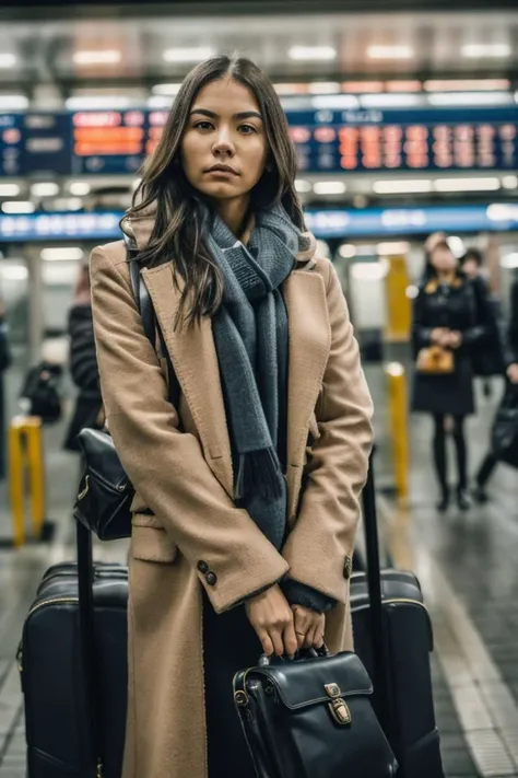 medium shot of a woman traveller ready for the journey waiting on the train station, detailed sharp, flash photo