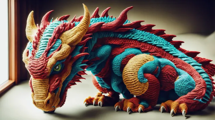 wocrochet dragon <lora:WorldofCrochet:1><lora:add_detail:0.6> <lora:LowRa:0.2> <lora:add_brightness:0.75>, (Masterpiece:1.3) (best quality:1.2) (high quality:1.1), real photo,lots of details,300 DPI,sharpen,80mm F1.9 lens,breathtaking,with Cinestill 800T film,32k resolution,photographed on a Hasselblad 907X 50C,8k