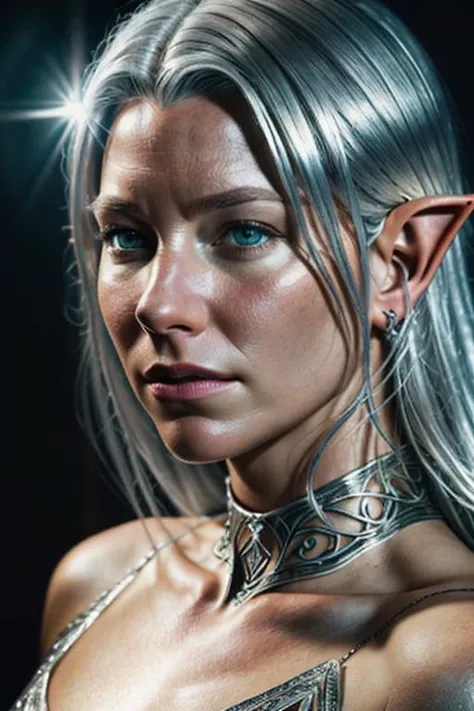 (detailed face, detailed eyes, clear skin, clear eyes), lotr, fantasy, elf, female, silver hair, looking at viewer, portrait, photography, detailed skin, realistic, photo-realistic, 8k, highly detailed, full length frame, High detail RAW color art, piercing, diffused soft lighting, shallow depth of field, sharp focus, hyperrealism, cinematic lighting, film grain, Evangeline Lilly