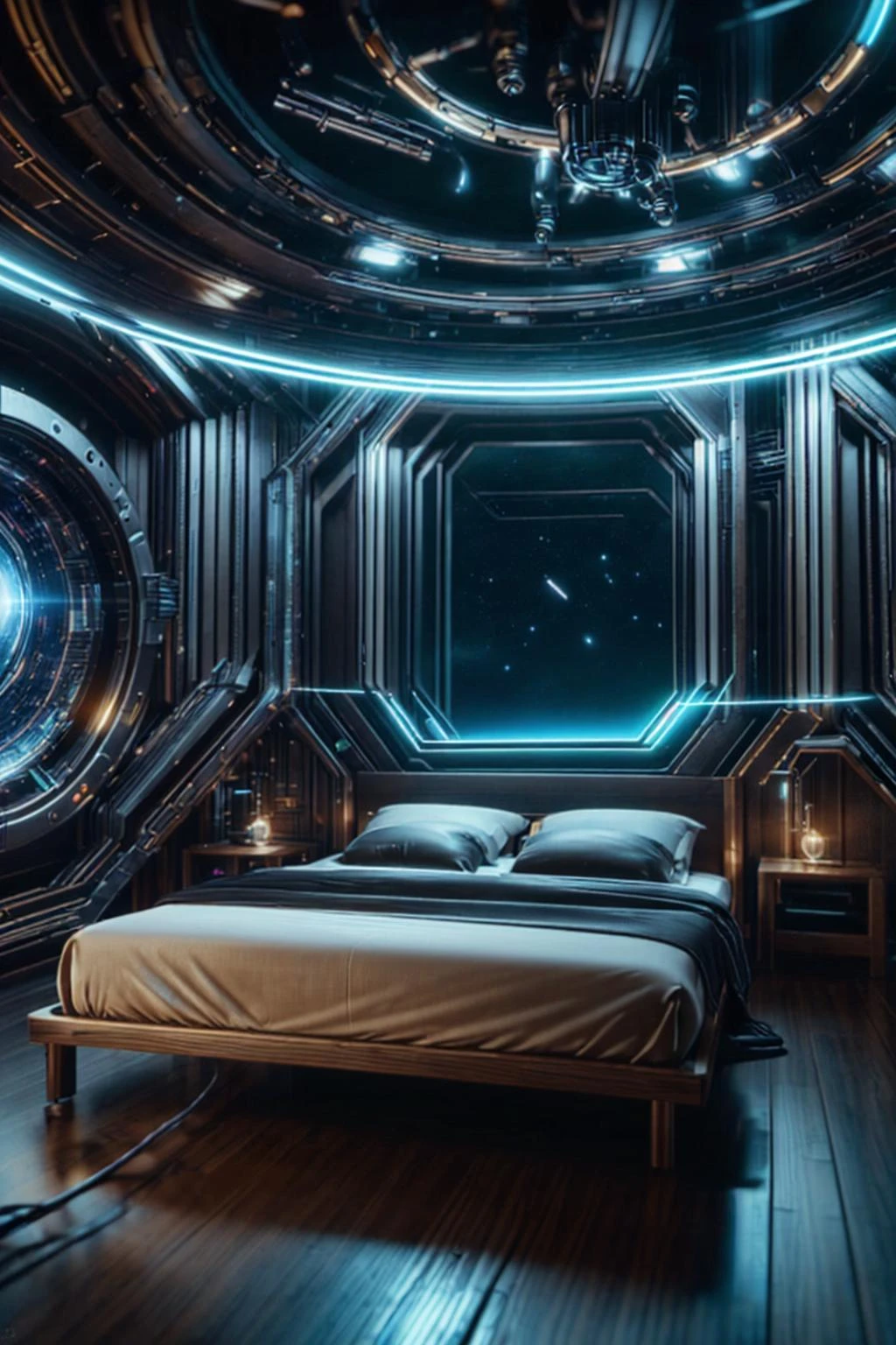 <lora:OpticalTech:.8> opticaltech ,scifi, optical fibers, Double Bed, cluttered environment