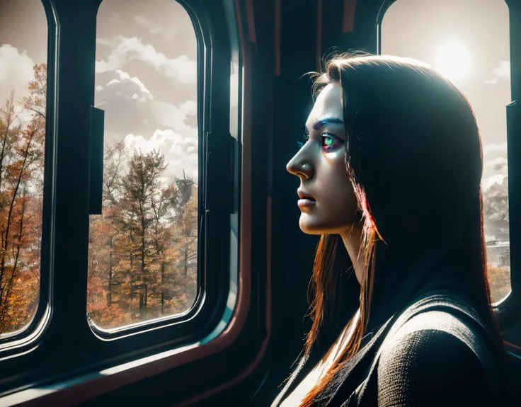 three cornered window, back of head shot of (woman looking out of triangle window:1.1), 3rd person, Looking out the triangular window of a (train:1.1) with triangular windows, triangular windows and triangular, wheels,  in a fantasy world, 
psychedelic, geometric, vivid light, high contrast, triadic colors, dark shadows,  explosions, nuclear mushroom cloud, nuclear explosion, dystopian nightmare, 
(beautiful composition),
21 yo woman,