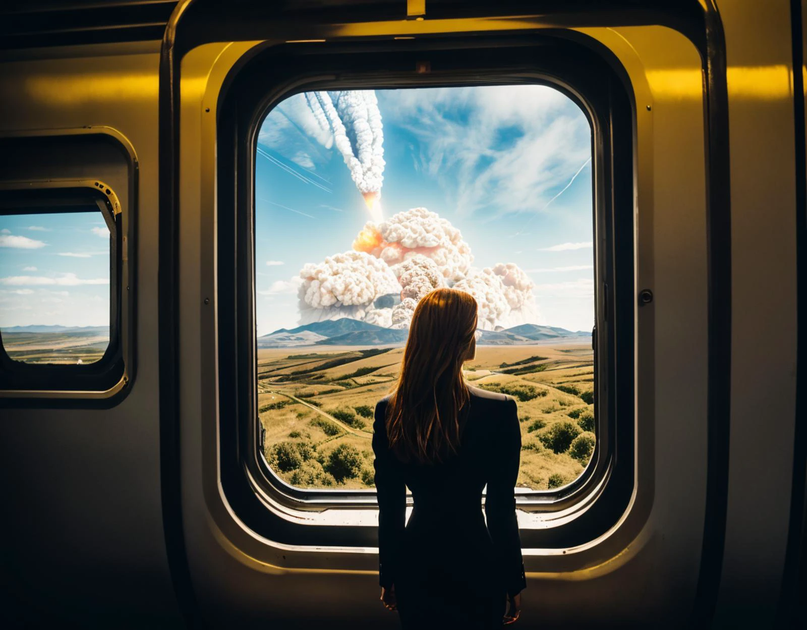 three cornered window, back of head shot of (woman looking out of triangle window:1.1), 3rd person, Looking out the triangular window of a (train:1.1) with triangular windows, triangular windows and triangular, wheels,  in a fantasy world, 
psychedelic, geometric, vivid light, high contrast, triadic colors, dark shadows,  explosions, nuclear mushroom cloud, nuclear explosion, dystopian nightmare, 
(beautiful composition),
21 yo woman,