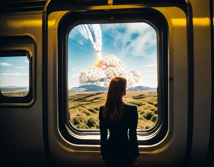 three cornered window, back of head shot of (woman looking out of triangle window:1.1), 3rd person, Looking out the triangular window of a (train:1.1) with triangular windows, triangular windows and triangular, wheels,  in a fantasy world, 
psychedelic, geometric, vivid light, high contrast, triadic colors, dark shadows,  explosions, nuclear mushroom cloud, nuclear explosion, dystopian nightmare, 
(beautiful composition),
21 yo woman,