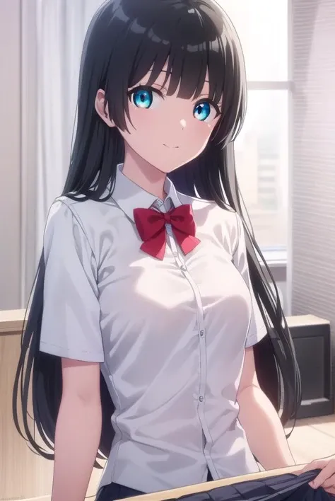 akemisouryuuin, <lora:akemi souryuuin s1-lora-nochekaiser:1>,
akemi souryuuin, long hair, bangs, black hair, very long hair, blunt bangs, aqua eyes, hime cut, smile,
BREAK skirt, shirt, bow, school uniform, white shirt, short sleeves, collared shirt, bowtie, red bow, red bowtie,
BREAK indoors, classroom,
BREAK looking at viewer,
BREAK <lyco:GoodHands-beta2:1>, (masterpiece:1.2), best quality, high resolution, unity 8k wallpaper, (illustration:0.8), (beautiful detailed eyes:1.6), extremely detailed face, perfect lighting, extremely detailed CG, (perfect hands, perfect anatomy),