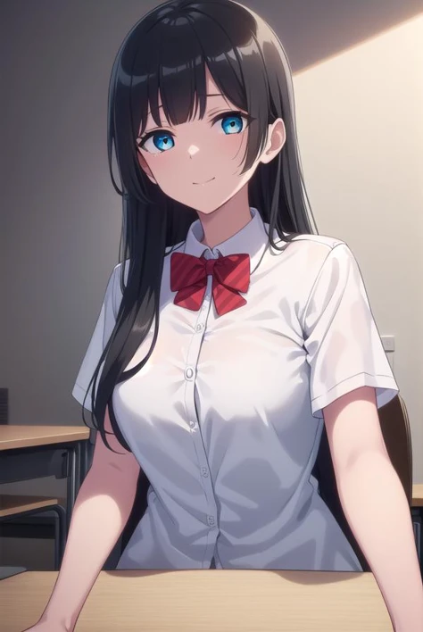 akemisouryuuin, <lora:akemi souryuuin s1-lora-nochekaiser:1>,
akemi souryuuin, long hair, bangs, black hair, very long hair, blunt bangs, aqua eyes, hime cut, smile,
BREAK skirt, shirt, bow, school uniform, white shirt, short sleeves, collared shirt, bowtie, red bow, red bowtie,
BREAK indoors, classroom,
BREAK looking at viewer,
BREAK <lyco:GoodHands-beta2:1>, (masterpiece:1.2), best quality, high resolution, unity 8k wallpaper, (illustration:0.8), (beautiful detailed eyes:1.6), extremely detailed face, perfect lighting, extremely detailed CG, (perfect hands, perfect anatomy),
