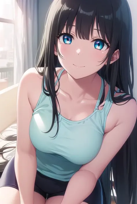 akemisouryuuin, <lora:akemi souryuuin s1-lora-nochekaiser:1>,
akemi souryuuin, long hair, bangs, black hair, very long hair, blunt bangs, aqua eyes, hime cut, smile,
BREAK shorts, tank top, bike shorts, collarbone,
BREAK indoors, gym,
BREAK looking at viewer,
BREAK <lyco:GoodHands-beta2:1>, (masterpiece:1.2), best quality, high resolution, unity 8k wallpaper, (illustration:0.8), (beautiful detailed eyes:1.6), extremely detailed face, perfect lighting, extremely detailed CG, (perfect hands, perfect anatomy),