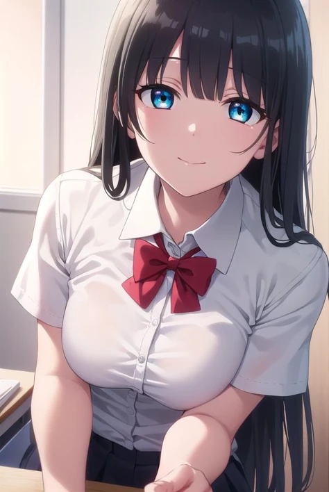 1girl, natural lighting, masterpiece, highly detailed, illustration, game CG, absurdres, high quality, aichan, large breasts, beautiful detailed eyes, detailed hair, glossy lips, blush, (school), white shirt, black pleated miniskirt, collarbone, twintails, leaning forward, light smile, black hair, cleavage, (hint of her bra:0.8)
