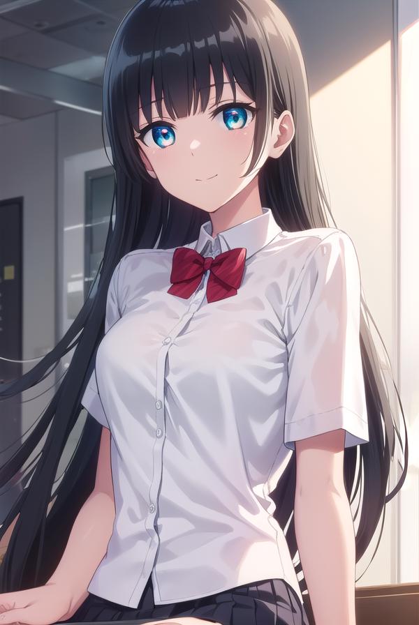 Anime girl with long black hair wearing a white shirt and red bow tie ...