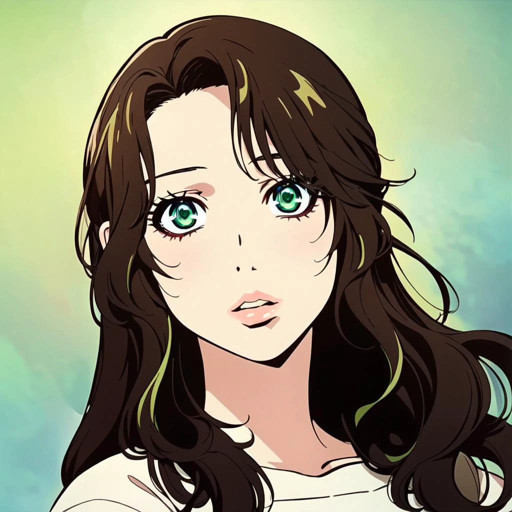(masterpiece), (best quality), Akiko_Aoshika \(Wolf Guy\), 1girl, solo, long hair, brown hair, green eyes, soft skin, ((anime coloring)), eyelashes, looking at viewer, upper body, parted lips, lips <lora:wolfguy_test:0.8>
