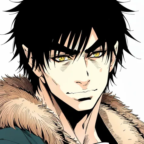(masterpiece), (best quality), Akira Inugami \(Wolf Guy\), ((anime coloring)), solo, looking at viewer, 1boy, jacket, fur coat, male focus, thick eyebrows, portrait, black hair, (yellow eyes), soft skin <lora:wolfguy_test:0.8>