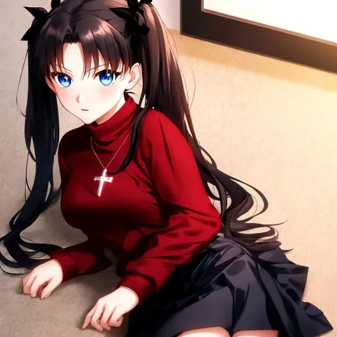 tohsaka, long hair, twintails, blue eyes, 1girl, medium breasts, fully clothed, black skirt, red sweater, cross necklace,  <lora:tohsaka888:1>, seductive pose, on the floor, red sweater