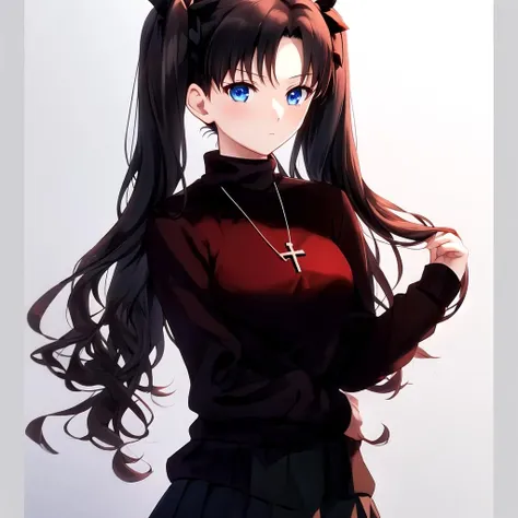 tohsaka, long hair, twintails, blue eyes, 1girl, medium breasts, fully clothed, black skirt, red sweater, cross necklace,  <lora:tohsaka888:1>,