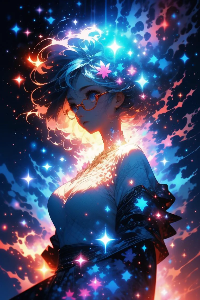 a photo of a woman, freckles, detailed eyes, pink eyes, (rimless eyewear:1.3), sweater, cozy, large breasts, blush,
[white hair|Orange hair], makeup, 
butterfly, 
flowers,  <lora:cozy anime_20230630155224:0.55> cozy anime <lora:magic_particles:0.8> magic particles <lora:wrenchfaeflare:0.5> wrenchfaeflare, glowing, embroidery, accessories, jewelry, reflection, refraction, insert_your_color dress, insert_yourr_pattern pattern, add_some_random_mumbo_jumbo_shit_like_molten_lava_frozen_ice_idk, night sky, starry sky, star \(sky\),  <lora:wrenchsfantasy:0.45> wrenchsfantasy, fantasy, glowing, glowing eyes, <lora:LCM_LoRA_Weights_SD15:1>