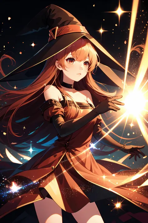 <lora:magic_particles:1> magic particles, light particles, magic effects, light effects, cowboy shot,  <lora:RtPL-Cierra:1> cierra_(riviera), red_eyes, long_hair, dress, choker, gloves, witch_hat,, ultra detailed, masterpiece, best quality, aesthetic, detailed,