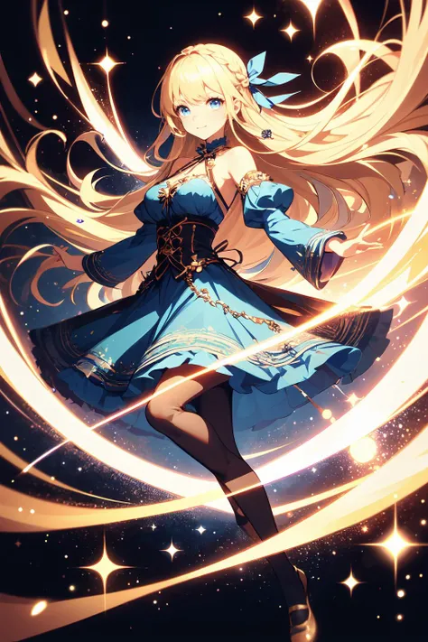 <lora:magic_particles:1> magic particles, light particles, magic effects, light effects,, ultra detailed, masterpiece, best quality, aesthetic, detailed,, solo, soft smile, light smile,
1girl, blue eyes, very long hair, blonde hair, long blonde hair, french braid, bangs, medium breasts,, hair ribbon, frilled choker, criss-cross halter, sleeveless dress, high-waist skirt, backless dress, waist bow, detached sleeves, frilled sleeves, wide sleeves, pantyhose, patterned legwear, mary janes,