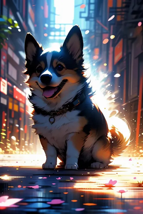 a dog sitting on the ground in a city at night