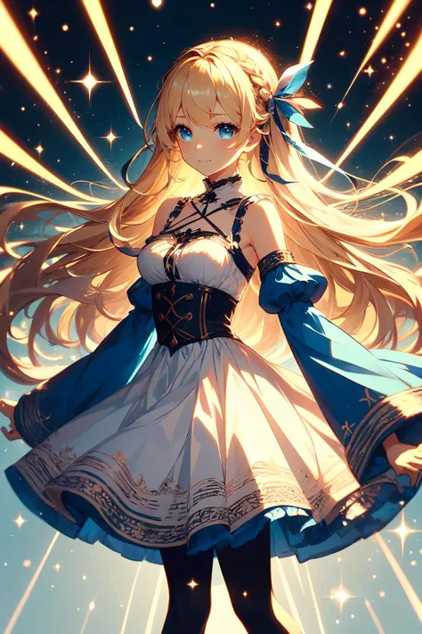 <lora:magic_particles:1> magic particles, light particles, magic effects, light effects, white and blue theme,, ultra detailed, masterpiece, best quality, aesthetic, detailed,, solo, soft smile, light smile,
1girl, blue eyes, very long hair, blonde hair, long blonde hair, french braid, bangs, medium breasts,, hair ribbon, frilled choker, criss-cross halter, sleeveless dress, high-waist skirt, backless dress, waist bow, detached sleeves, frilled sleeves, wide sleeves, pantyhose, patterned legwear, mary janes,
