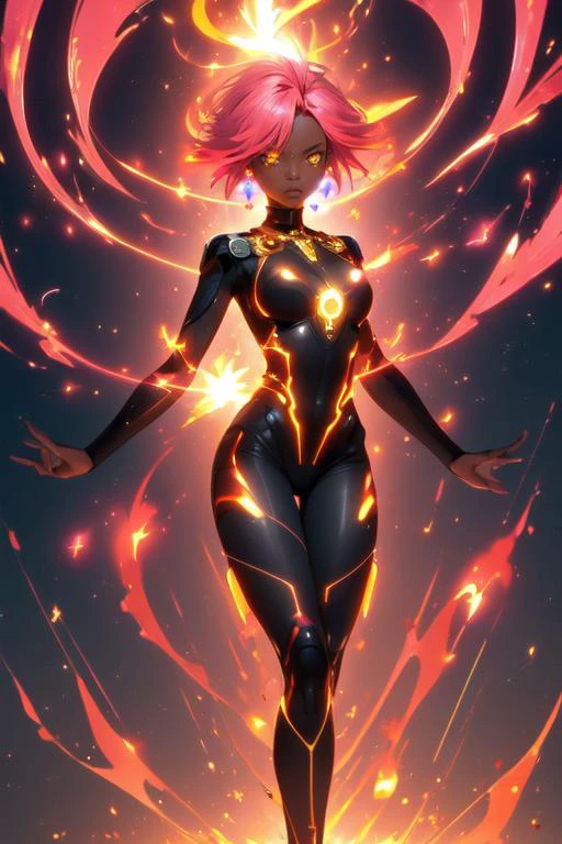 (masterpiece:1.2),solo,1girl,fiery hair,fire,yellow eyes,pink hair,looking at viewer,jewelry,earrings,bodysuit,glowing hair,dark skin,glowing,short hair,small breasts,closed mouth,breasts,standing,floating hair,midjourney,<lora:midjourney:0.5>,<lora:EnergyVeins:0.5>,(EnergyVeins:1.4),glowing,<lora:magic_particles:0.5>,magic particles,
