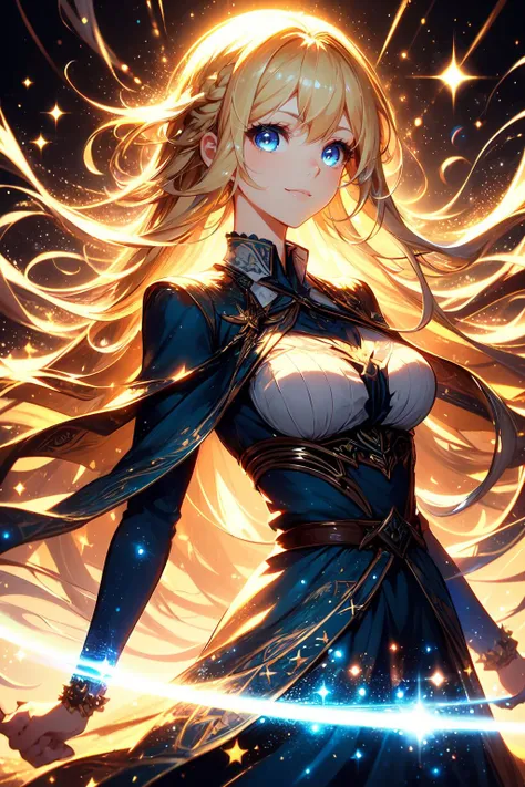 (tmasterpiece, Best quality, ultra - detailed, The best shadow), (detailedbackground,dark fantacy), (beautiful detailed face), hight contrast, (best illuminate, Extremely Delicately Beautiful), ((电影灯光)), Colorful, hyper-detailing, Dramatic light, Complicated details, (1 girl, Alone,blonde with blue eyes, sharpy face, eBlue eyes, swirling black light around character, depth of fields,black light particles roken ggic round,