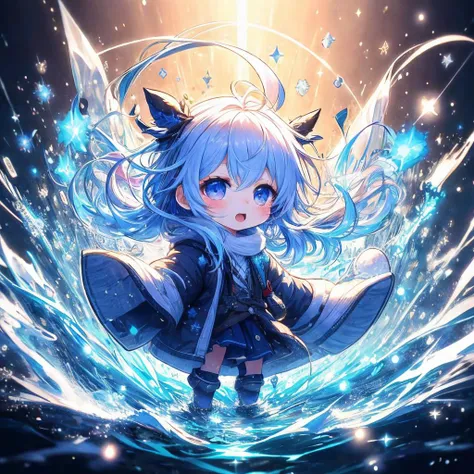1girl,<lora:magic_particles:1>,magic particles,chibi,<lora:dtl-key:1>,water,ice,cristal,light particles,magic effects,upper_body,winter clothes,floating,floating_hair, best quality,highres