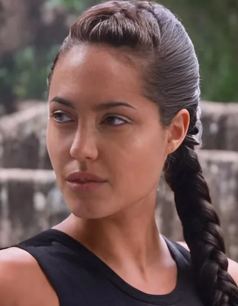 breathtaking (closeup:1.2) photo of skswoman, 1girl, braided ponytail, black shirt, background ancient maya ruins, professional, 4k, highly detailed <lora:Lara Croft:1.2> . award-winning, professional, highly detailed