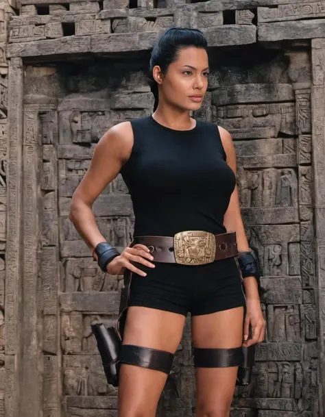 breathtaking upper body photo of skswoman, 1girl, solo, shirt, black hair, male focus, shorts, belt, dark skin, t-shirt, realistic, holster, background ancient maya ruins, professional, 4k, highly detailed <lora:Lara Croft:1.2> . award-winning, professional, highly detailed