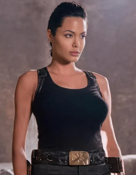 breathtaking upper body photo of skswoman, 1girl, solo, shirt, black hair, male focus, shorts, belt, dark skin, t-shirt, realistic, holster, professional, 4k, highly detailed <lora:Lara Croft:1.2> . award-winning, professional, highly detailed