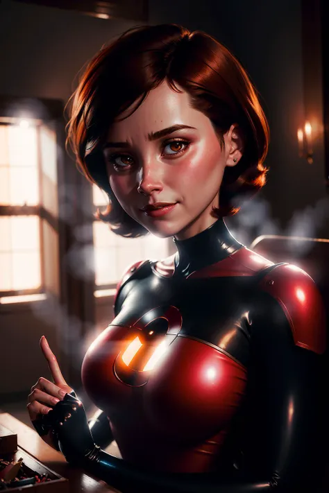 solo,absurdres , (intricate details), (colorful),cinematic lighting,bust shot,extremely detailed CG unity 8k wallpaper,masterpiece, absurdres, 1girl, 1girl, solo, short hair, brown hair, brown eyes, superhero, erotic pose,solo, 
smile, looking at viewer, sitting,(nice hands, 5 fingers:1.3),(perfect composition:1.4),detailed face and body, detailed face,backlight, intense gaze, cinematic lighting, art by Grzegorz Rutkowski, embers,2heads, two heads