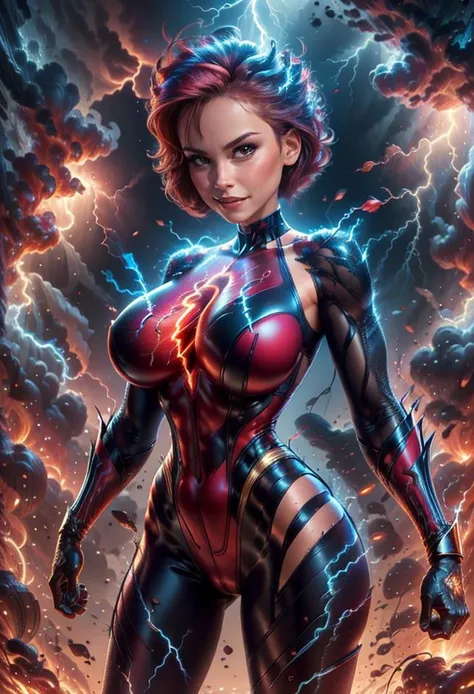 <lora:ragingstorm-nvwls-v1:1> ragingstorm helen <lora:helenV4:0.6>, short hair, brown hair, brown eyes, superhero, ((red bodysuit)), (huge breasts:1.3, <lora:FakebreastsV4Del:0.5> fakebreasts), best quality, hyper-detailed, intricate, extremely detailed, masterpiece, RAW, 8k UHD, extremely detailed face:1.3, detailed eyes:1.3, detailed body:1.3, (lightning, storm), <lora:depth_of_field_slider_v1:7>