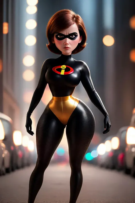 full body shot photo of a helenparr, <lora:helenV3:0.7>, 1girl, solo, short hair, brown hair, gloves, brown eyes, bodysuit, mask, superhero, domino mask, standing, hourglass figure, bokeh background, simple background, (highly detailed skin:1.0), (masterpiece:1.2) (photorealistic:1.2) (bokeh) (best quality) (intricate details) (8k) (HDR) (analog film) (canon d5) (cinematic lighting) (sharp focus),