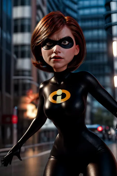 masterpiece, best quality, ultra high res, 1girl, 3d, photorealistic, masterpiece, best quality, skin indentation, angry, helen parr, brown eyes, gloves, mask, domino mask, short hair, brown hair, black skintight bodysuit, dynamic angle, dynamic pose, dark theme, outdoor, city explosion, bomb, fire, smoke <lora:add_detail:1.5>, <lora:helen:0.8>, <lora:LowRA:0.5>